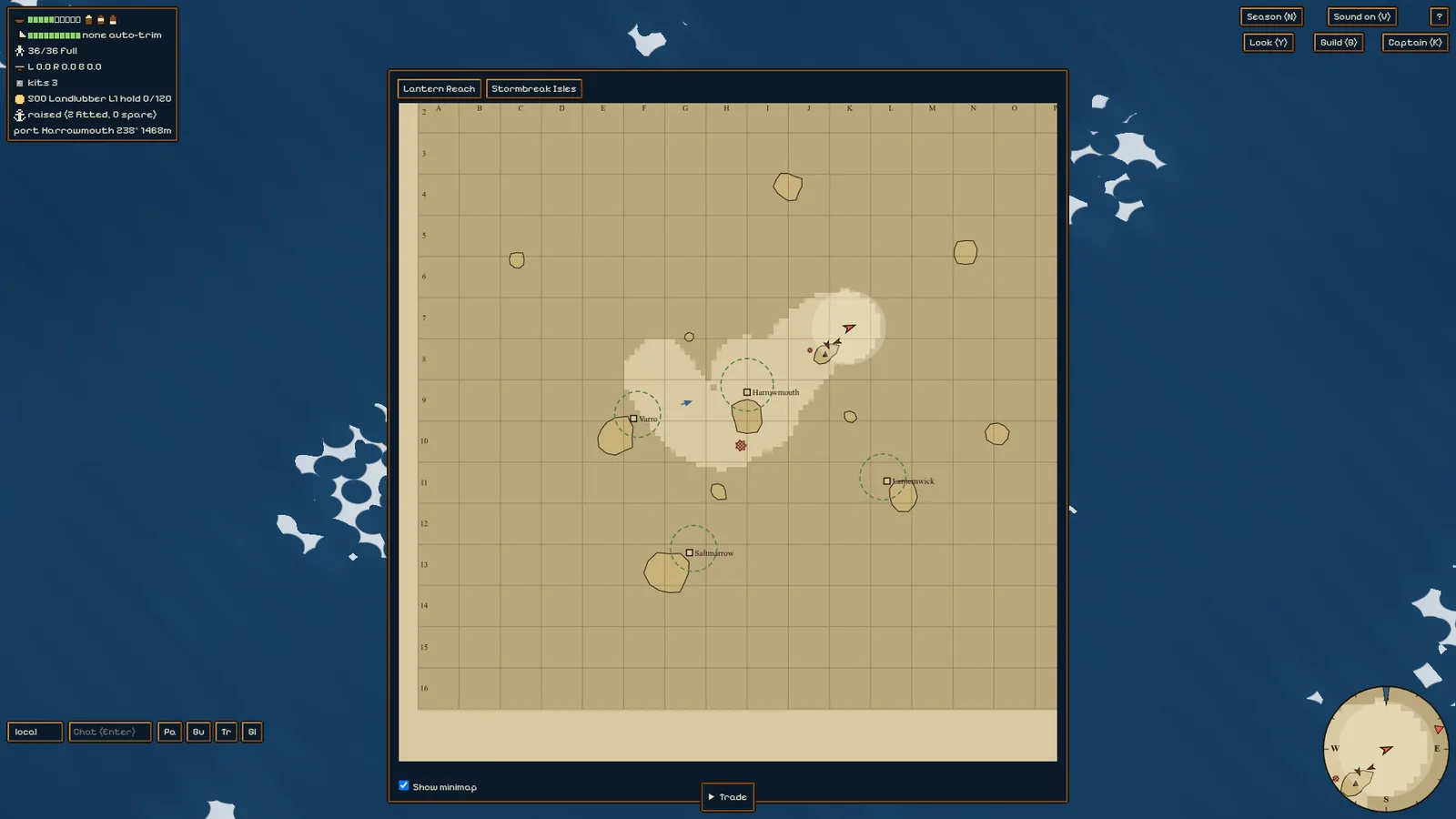 The sea chart, with charted waters, dark fog over unexplored squares and a grid