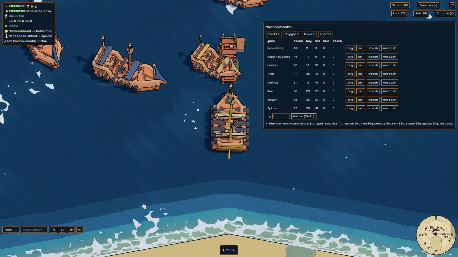 A ship docked at a port town of small toon-shaded buildings